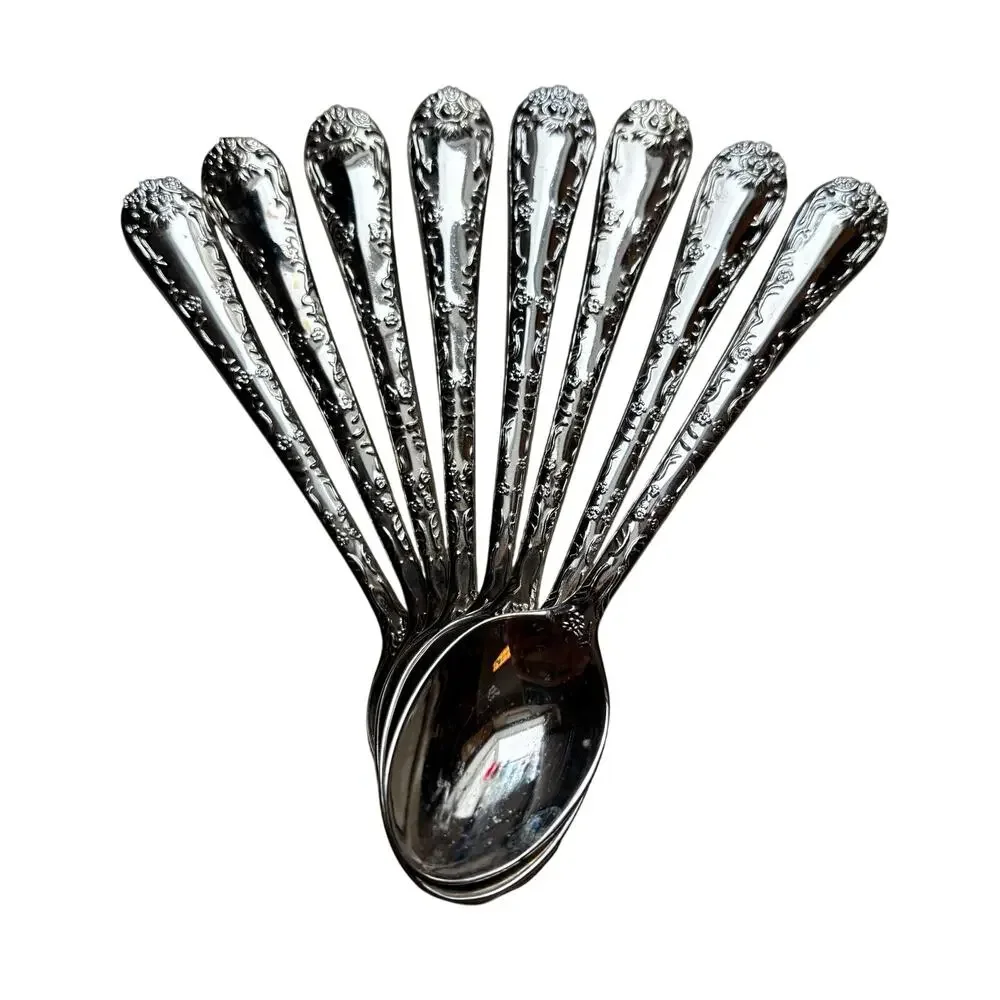 Set of 8 stainless Steel teaspoons Wm Rogers ornate pattern tea party supplies